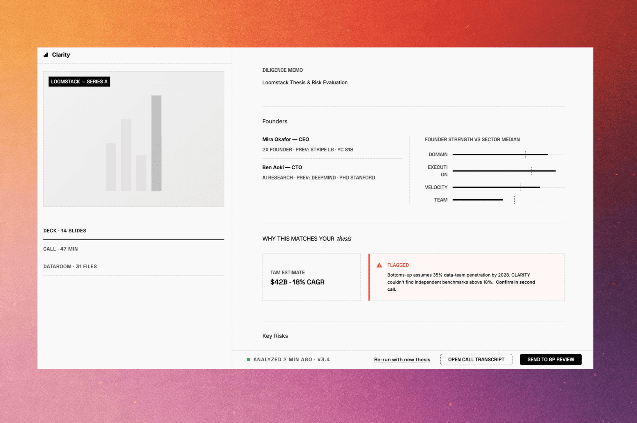 Clarity dashboard preview: an extracted diligence memo with founder, market, and risk sections, alongside the source deck.